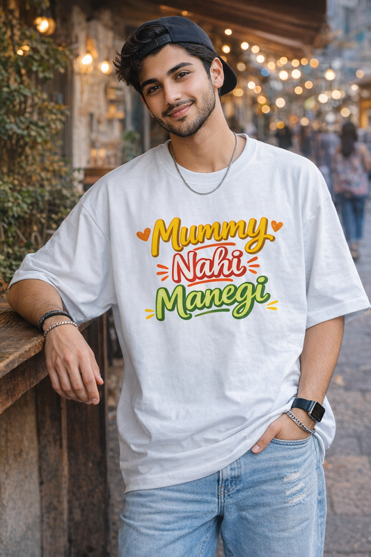 Mummy Nahi Manegi Oversized T-Shirt | Funny Hindi Graphic Tee | 260 GSM Terry Cotton Streetwear Unisex Drop ShoulderUnisex Terry Oversized Tee