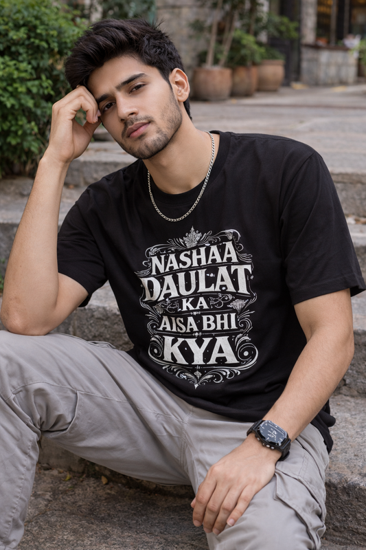 Nashaa Daulat Ka Aisa Bhi Kya Black Stretch T-Shirt | Bold Hindi Quote Graphic Tee | Premium Cotton Elastane Unisex FitUnisex Stretch T-shirt