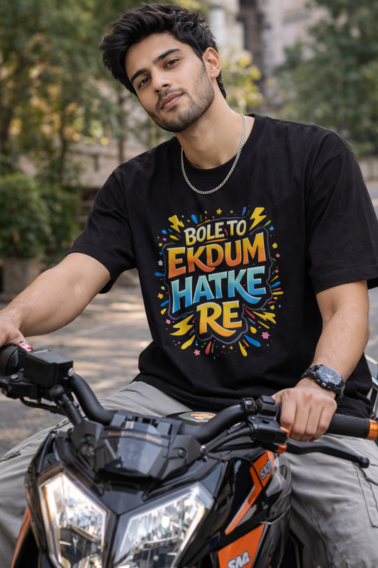 Boleto Ekdum Hatke Re Oversized Black T-Shirt | Funny Hindi Quote Graphic Tee | 240 GSM Unisex StreetwearUnisex Oversized Classic T-Shirt