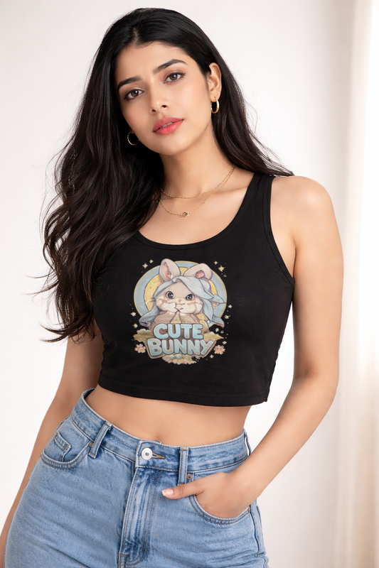 Cute Bunny Graphic Black Crop Tank Top for Women – Soft 180 GSM Cotton Cropped Summer Streetwear TeeCrop Tank