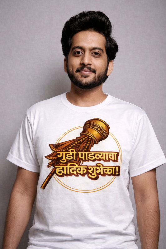 Gudi Padwa Marathi T-Shirt | गुढी पाडव्याच्या हार्दिक शुभेच्छा Bold Gudi Design | Maharashtrian New Year Unisex Festive TeeUnisex Classic Crew T-Shirt