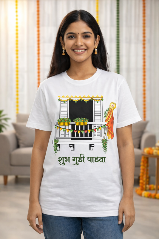 Shubh Gudi Padwa T-Shirt | Maharashtrian New Year Balcony Art Tee | 100% Cotton Traditional Festive Graphic Shirt for Men & WomenUnisex Oversized Standard T-Shirt