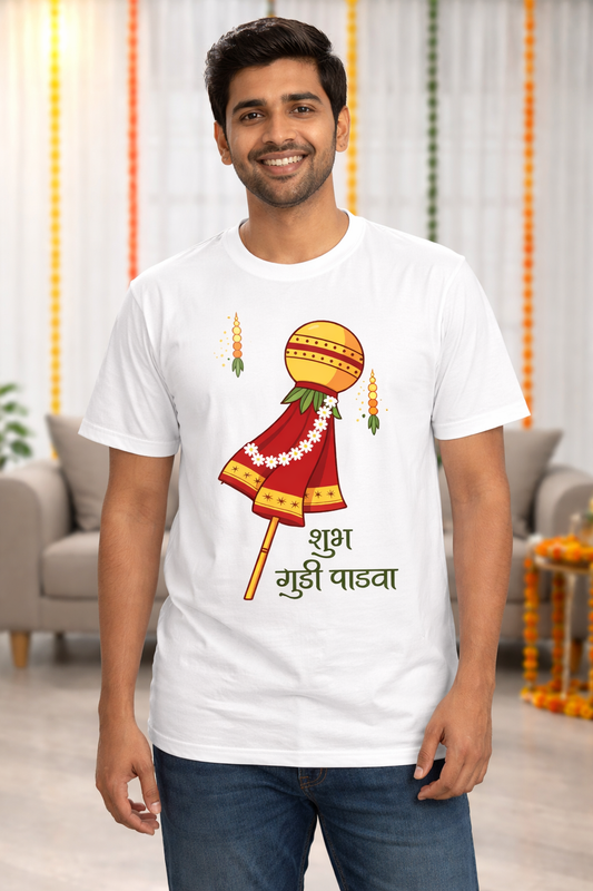 Shubh Gudi Padwa Minimalist T Shirt | Marathi New Year Festival Graphic Tee | Traditional Gudi Unisex 100% Cotton White TShirtUnisex Oversized Standard T-Shirt