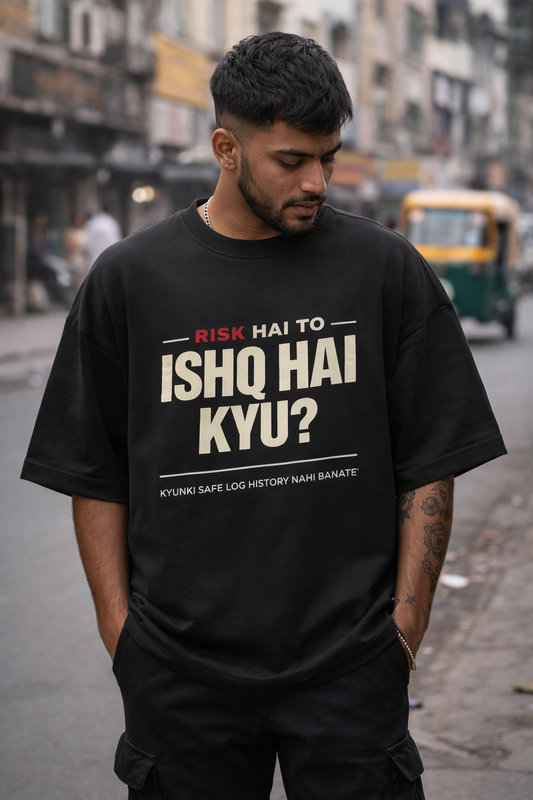 Risk Hai To Ishq Hai Oversized Tee | Bold Hindi Streetwear Graphic T-Shirt for Men & WomenUnisex Terry Oversized Tee