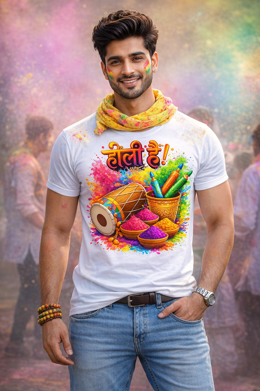 Holi Hai T-Shirt for Men | Colorful Festival Graphic Dhol Pichkari Holi Tee