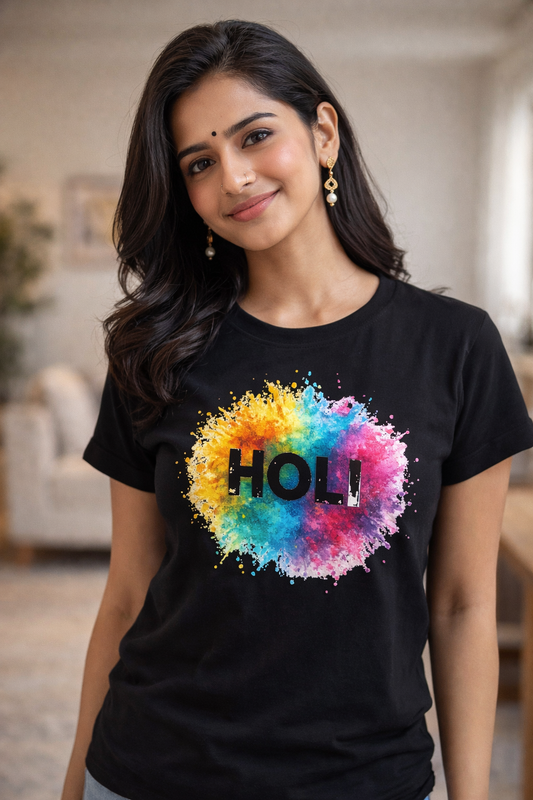Unisex Holi Festival Vibrant Color Splash Graphic Cotton T-Shirt | Premium White Crew Neck