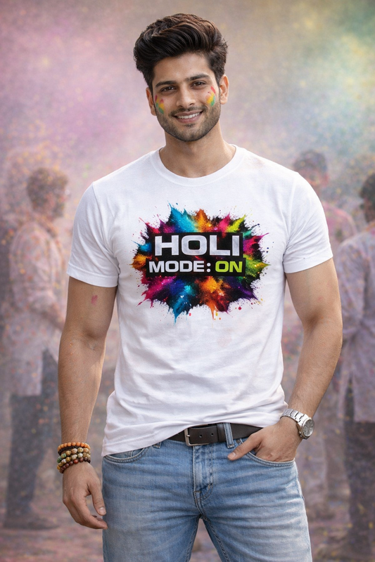 Unisex Holi Mode On Vibrant Color Splash Premium Cotton T-Shirt | Festive Graphic Tee