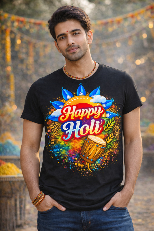 Unisex happy holi graphic t shirt for men | colorful festival black tee