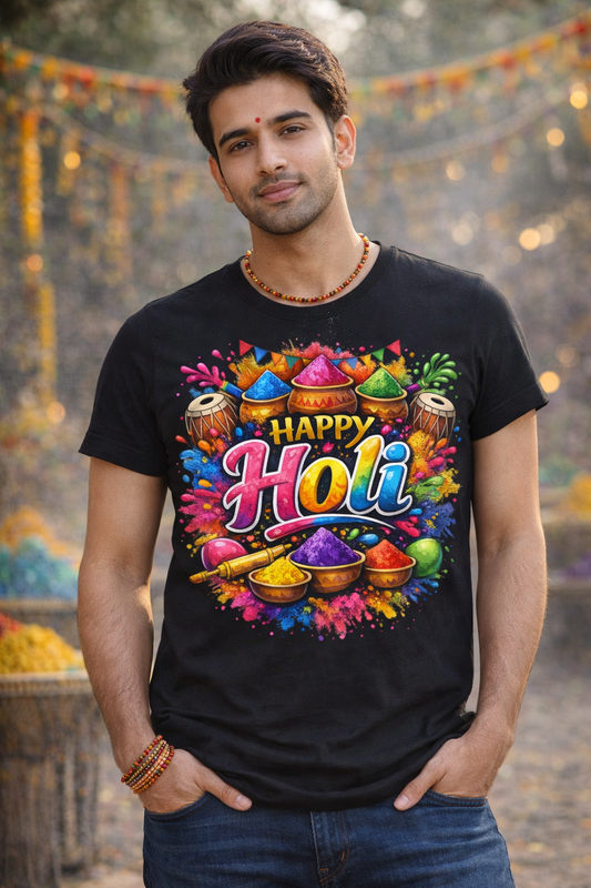 Happy Holi T-Shirt | Colorful Indian Festival Graphic Unisex White Tee