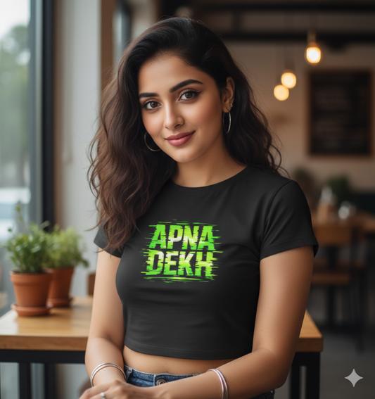 Apna Dekh Baby Tee Black | Bold Hindi Statement Cropped T-Shirt | 240 GSM Cotton Stretch Gen Z Streetwear TopBaby Tee